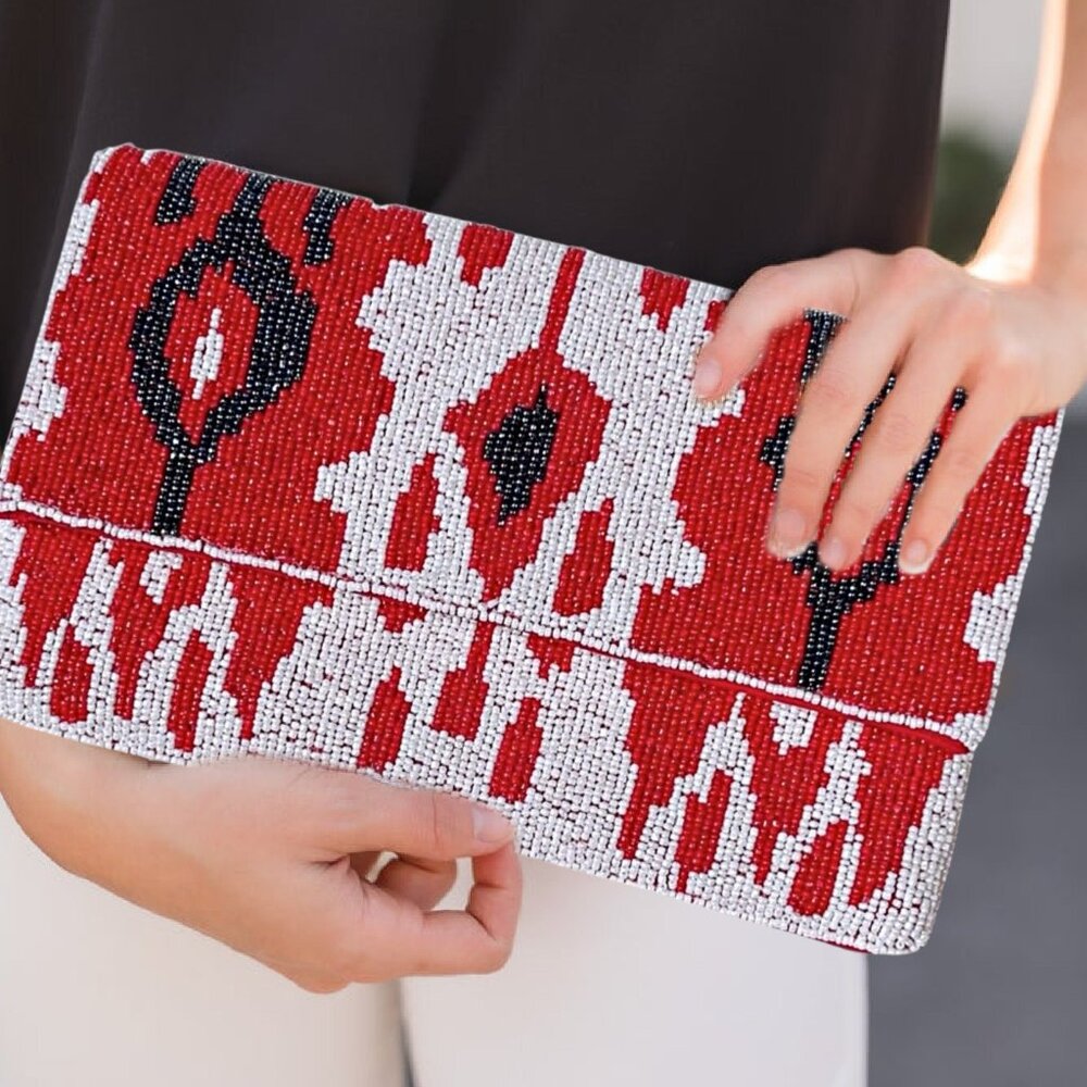 Red Black Ikat Beaded Clutch Crossbody Chain Bag Boho Handbag NEW